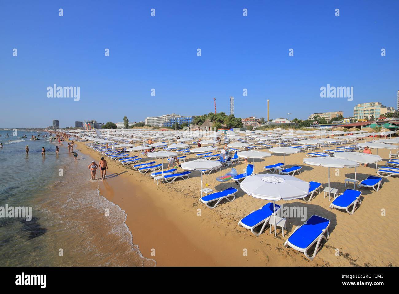 Sea and public beach in Sunny Beach resort in Bulgaria Stock Photo