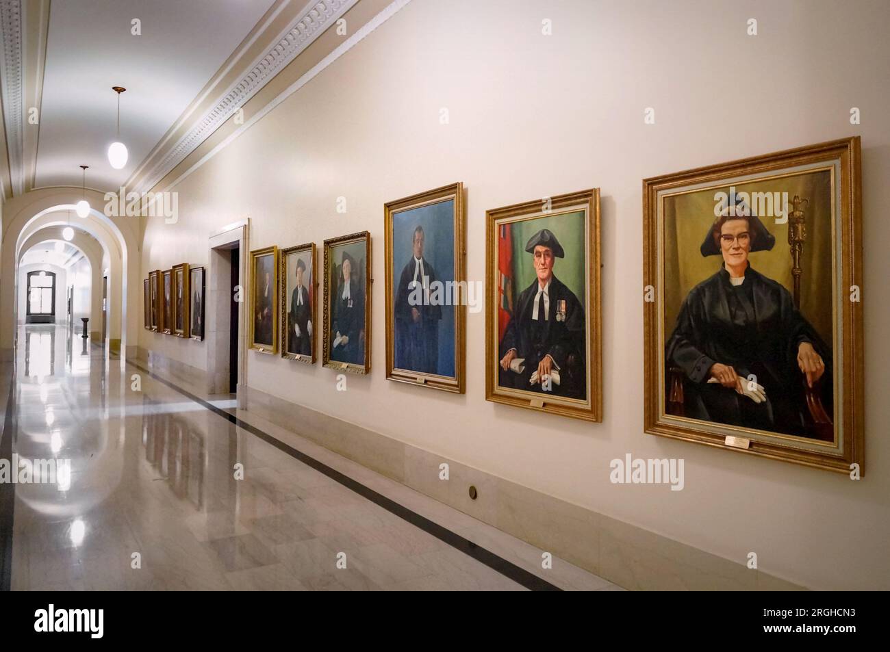 Winnipeg, Manitoba, Canada - 11 21 2014: Part of the interior of Manitoba Legislature building with Speakers Gallery of Portraits located on the Stock Photo
