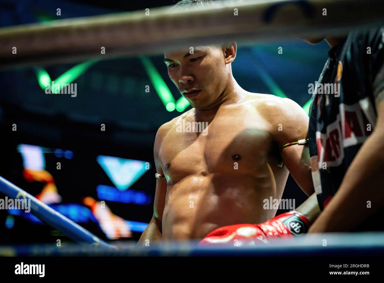 Bangkok, Thailand. 09th Aug, 2023. A Thai Muay Thai fighter