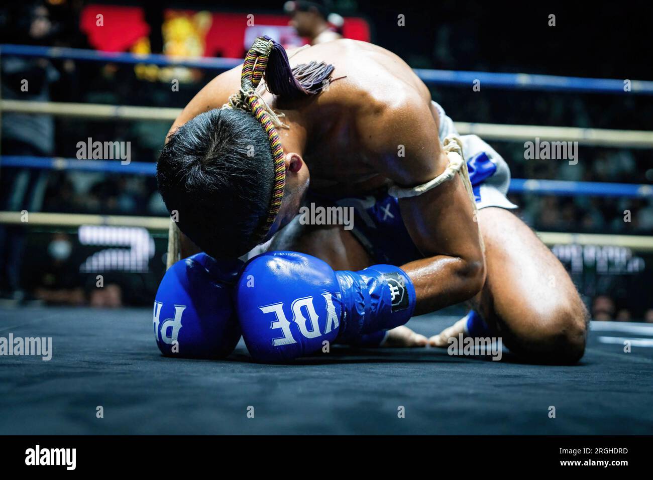 Bangkok, Thailand. 09th Aug, 2023. A Thai Muay Thai fighter takes part