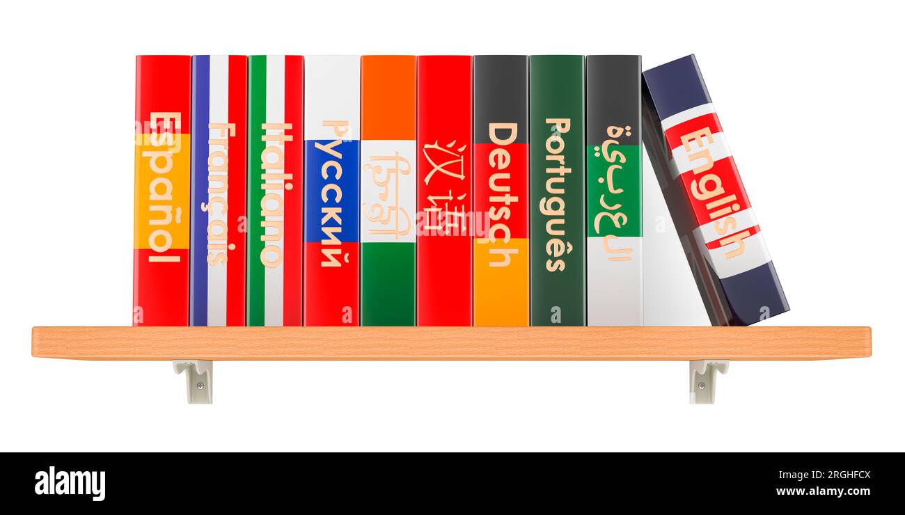 Bookshelf with different language textbooks or dictionaries, 3D