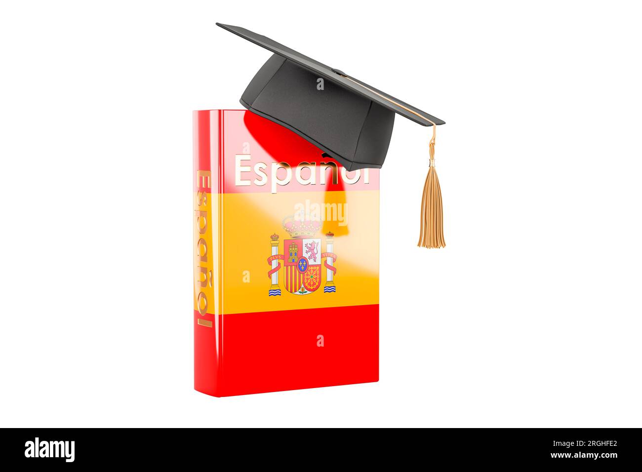 Spanish language textbook with graduation cap. Learn Spanish language