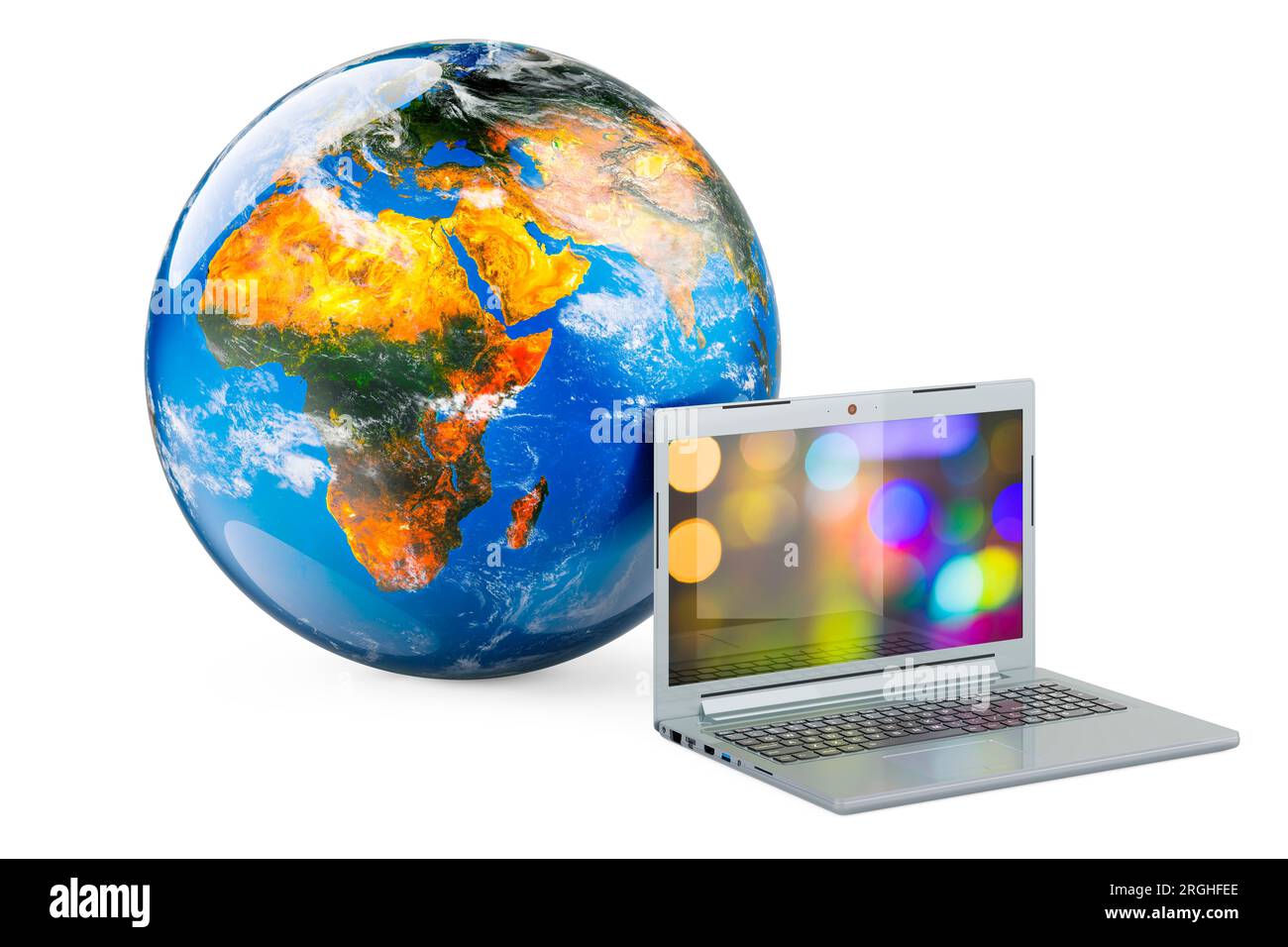 Computer Globe Opened laptop with Earth Globe. 3D rendering isolated on white ...