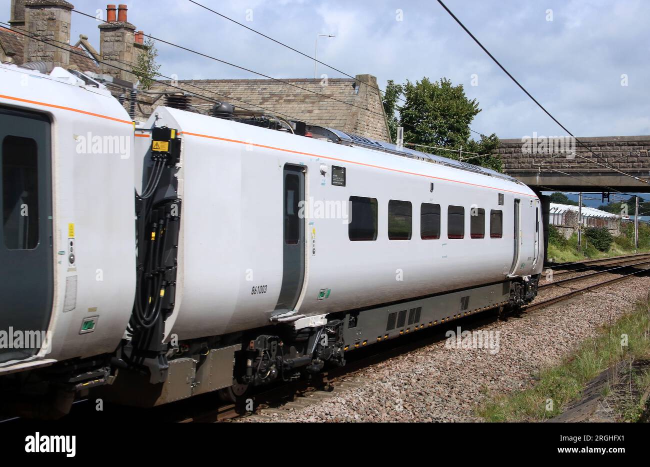 New class 805 AT 300 bi-mode multiple unit built by Hitachi Rail on test run on West Coast Main Line passing through Carnforth on 9th August 2023. Stock Photo