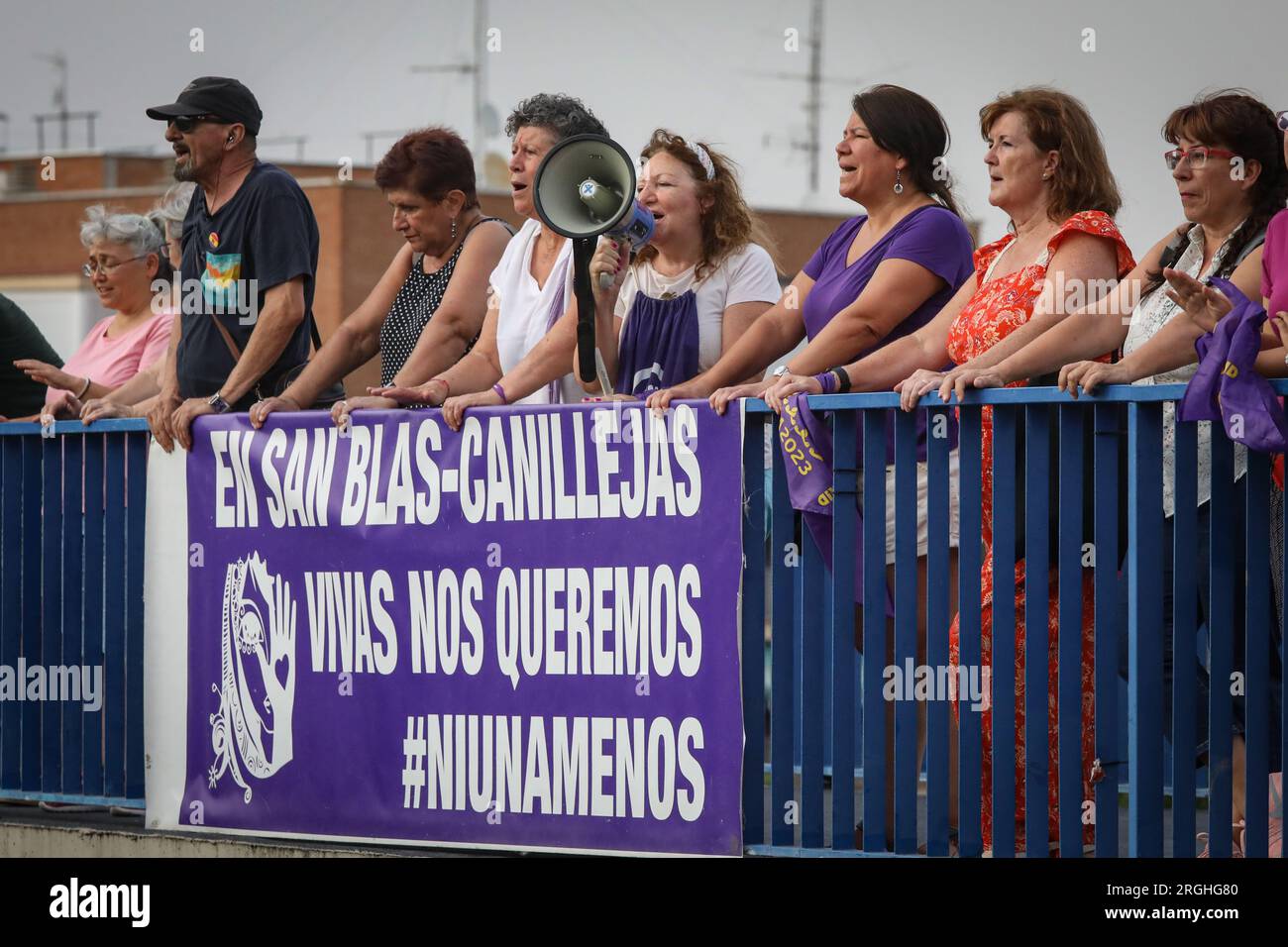 Madrid, Spain. 09th Aug, 2023. A group of feminists hang a feminist banner  during a rally in the San Blas neighborhood in Madrid. As of August 9,  2023, Spain registers 35 sexist