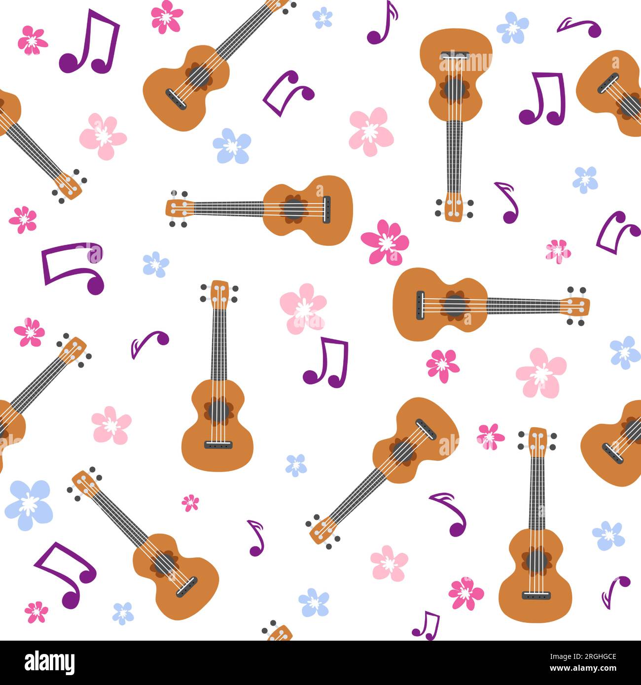 Ukulele seamless pattern, ukulele. Pattern with monstera, leaves, flowers notes inscriptions Stock Vector