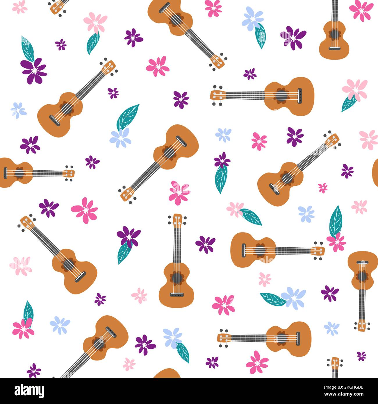 Ukulele seamless pattern, ukulele. Pattern with monstera, leaves, flowers notes inscriptions Stock Vector