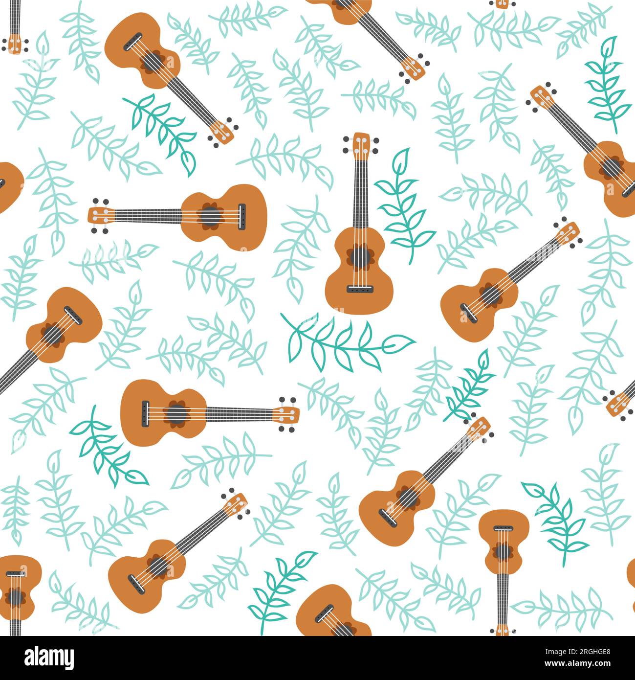 Ukulele seamless pattern, ukulele. Pattern with monstera, leaves, flowers notes inscriptions Stock Vector