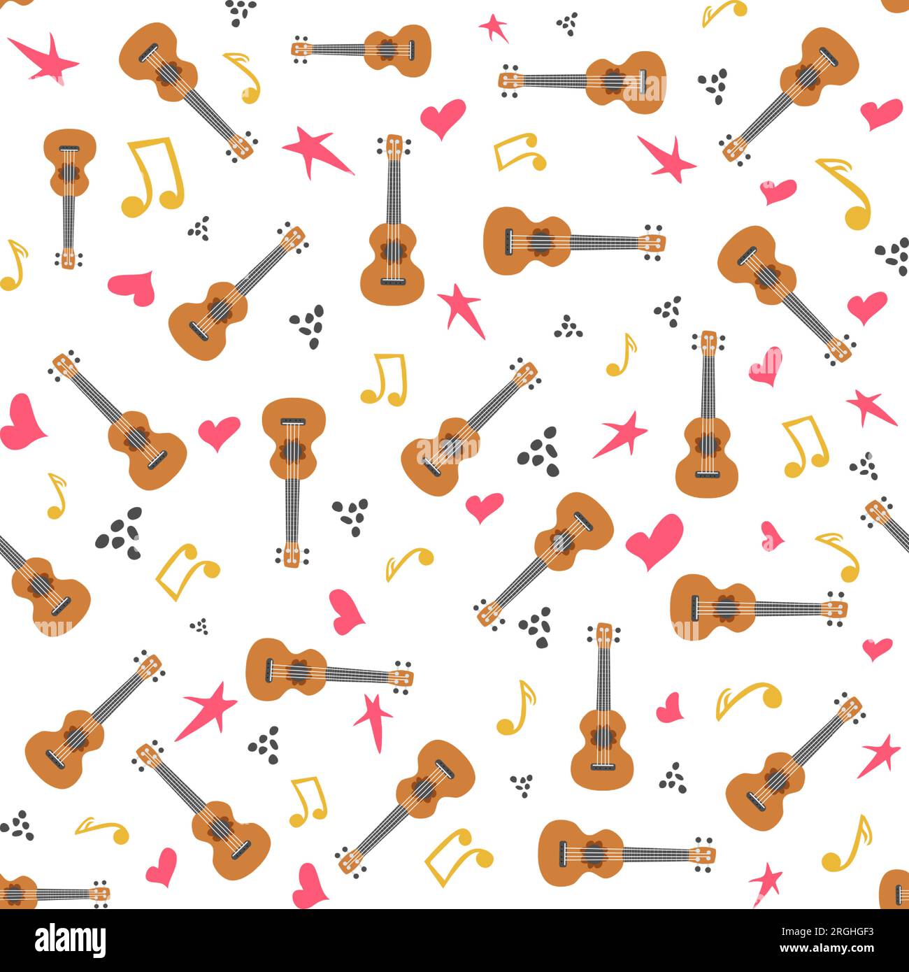 Ukulele seamless pattern, ukulele. Pattern with monstera, leaves, flowers notes inscriptions Stock Vector