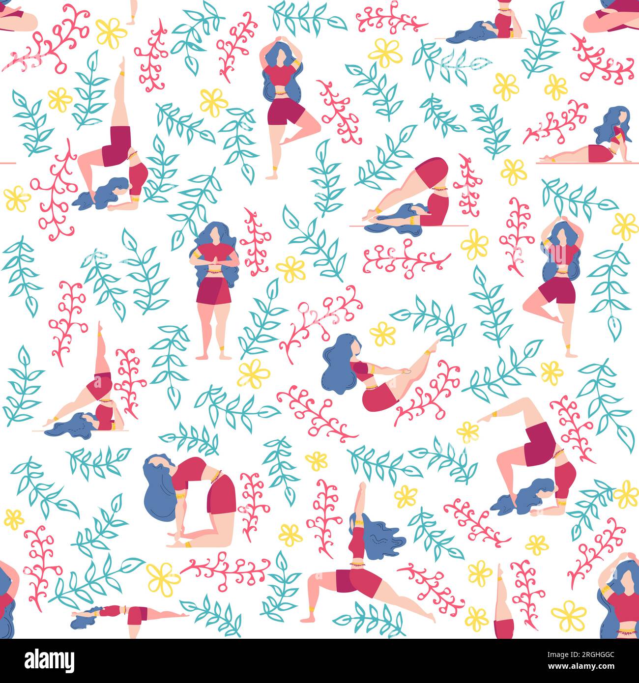 Yoga seamless pattern woman is engaged. Yoga poses, lotus, monstera ...