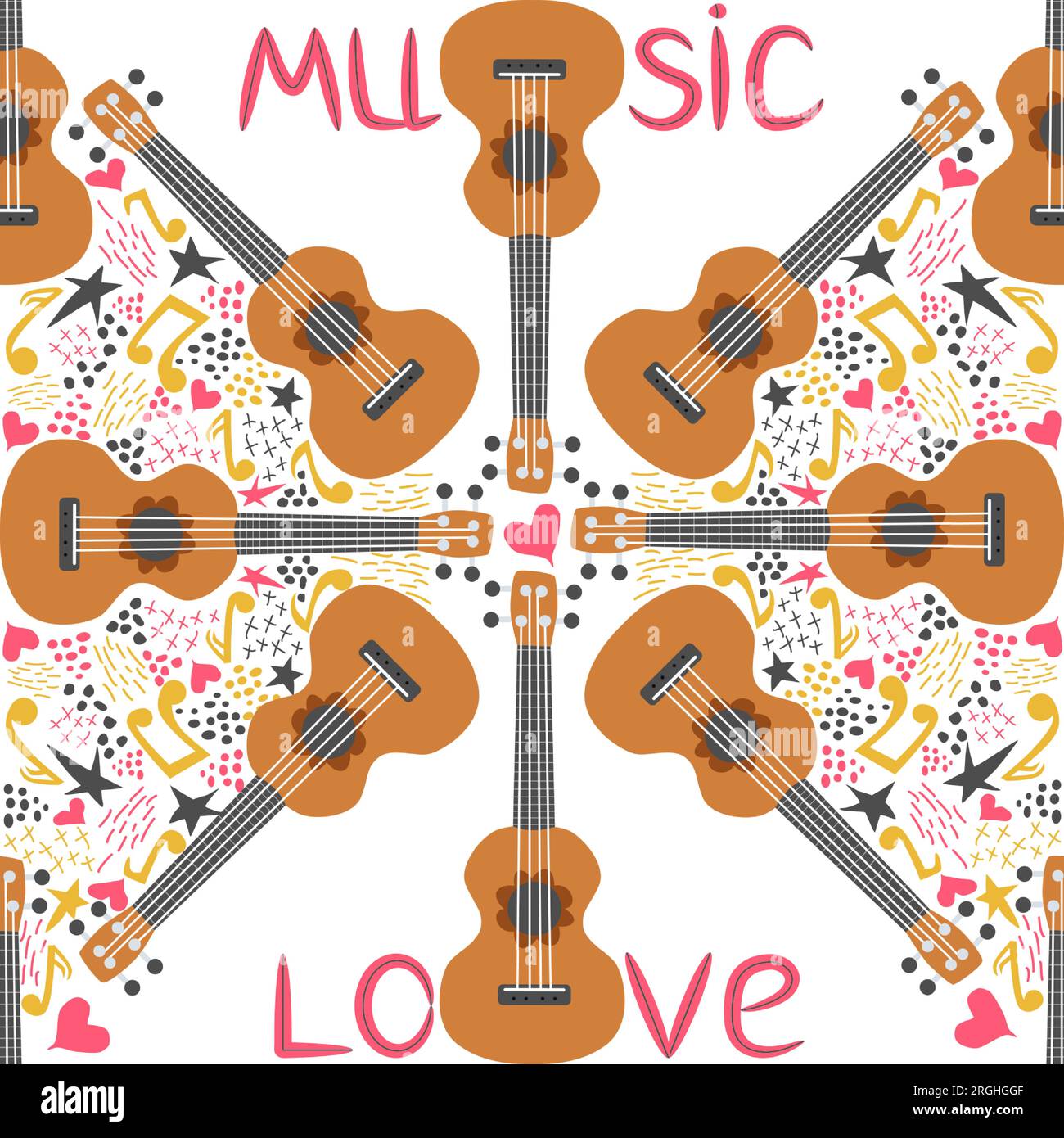 Ukulele seamless pattern, ukulele. Pattern with monstera, leaves, flowers notes inscriptions Stock Vector