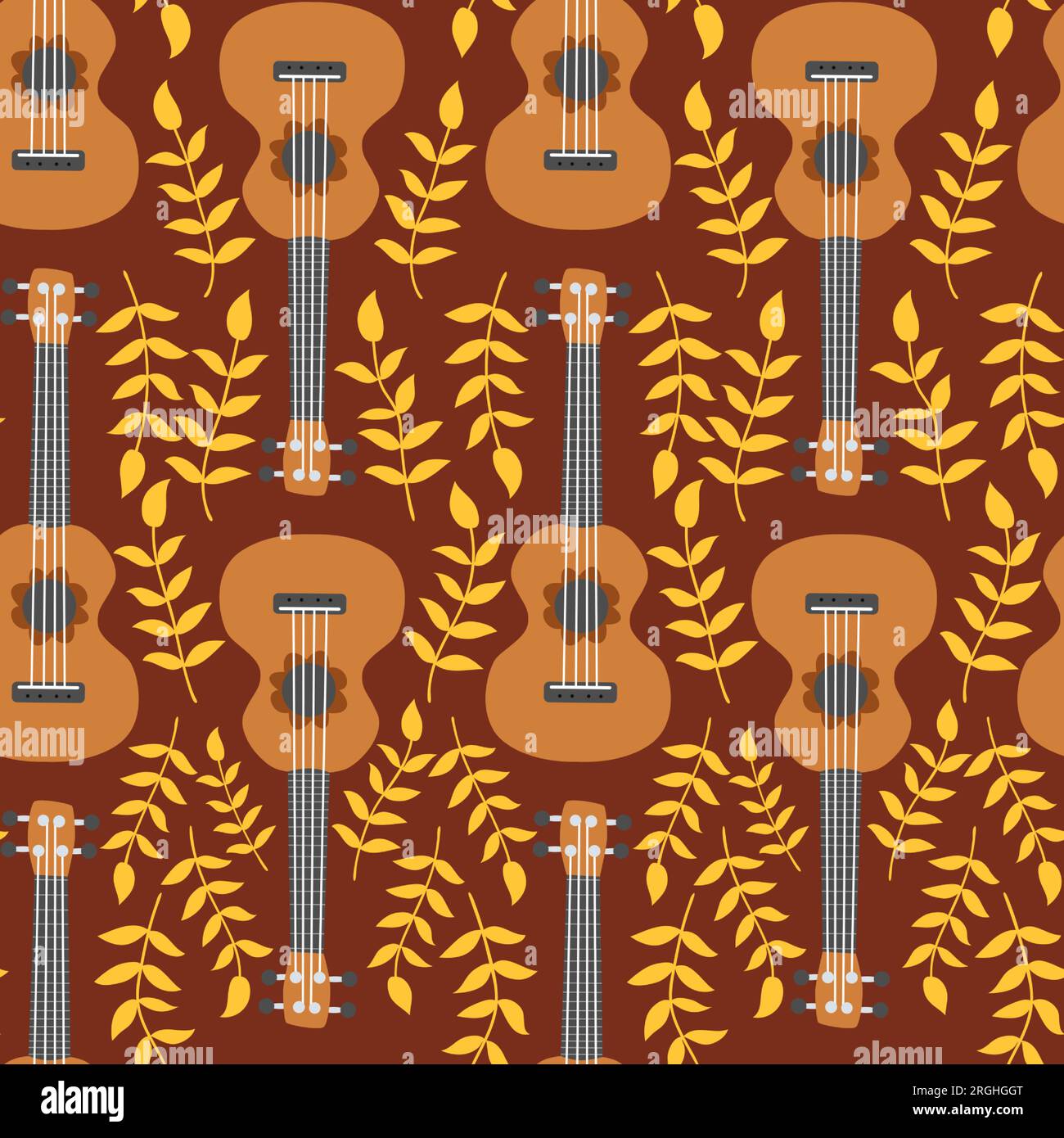 Ukulele seamless pattern, ukulele. Pattern with monstera, leaves, flowers notes inscriptions Stock Vector
