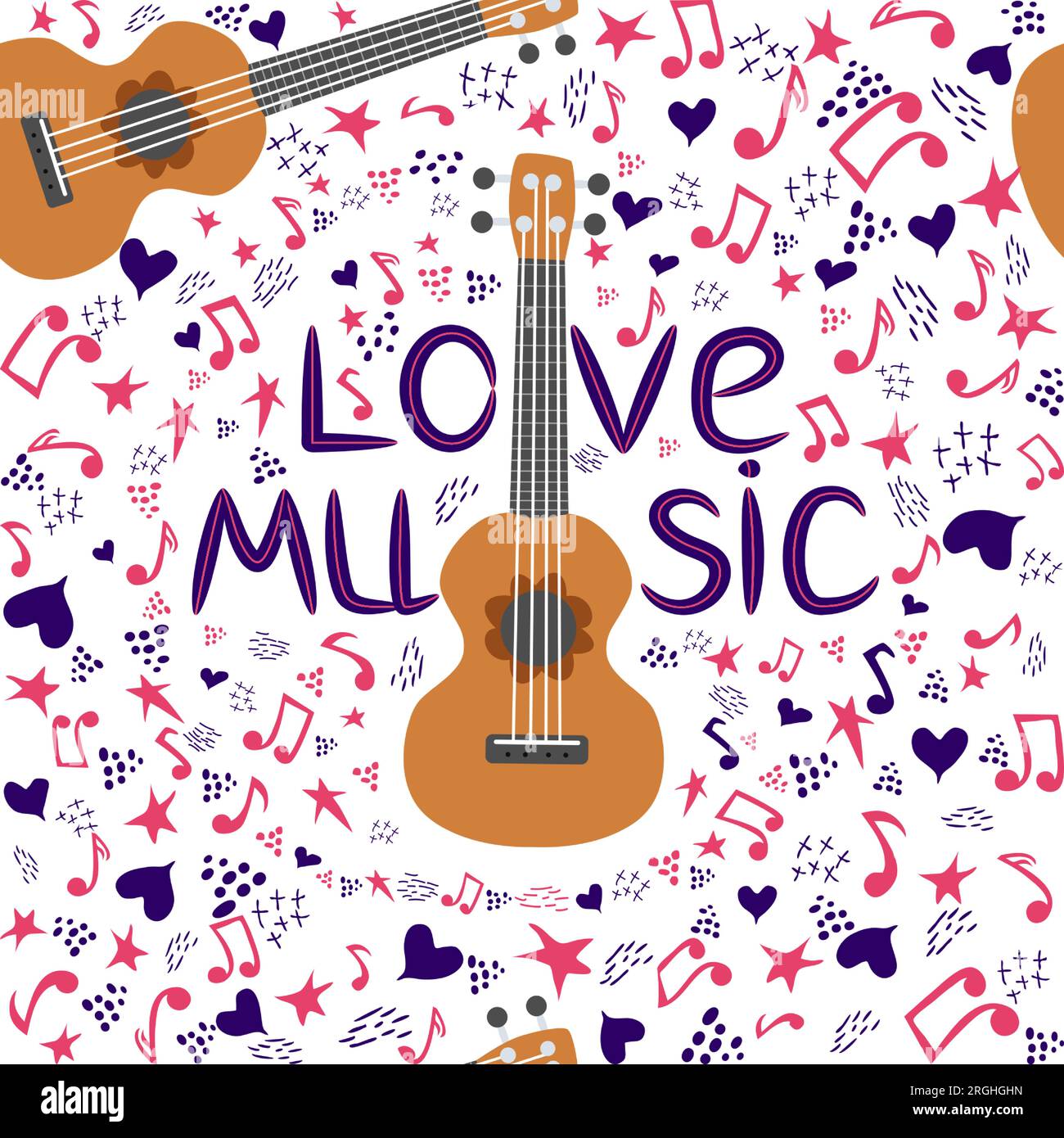 Ukulele seamless pattern, ukulele. Pattern with monstera, leaves, flowers notes inscriptions Stock Vector
