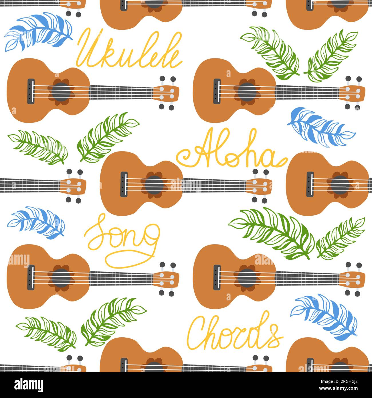 Ukulele seamless pattern, ukulele. Pattern with monstera, leaves, flowers notes inscriptions Stock Vector