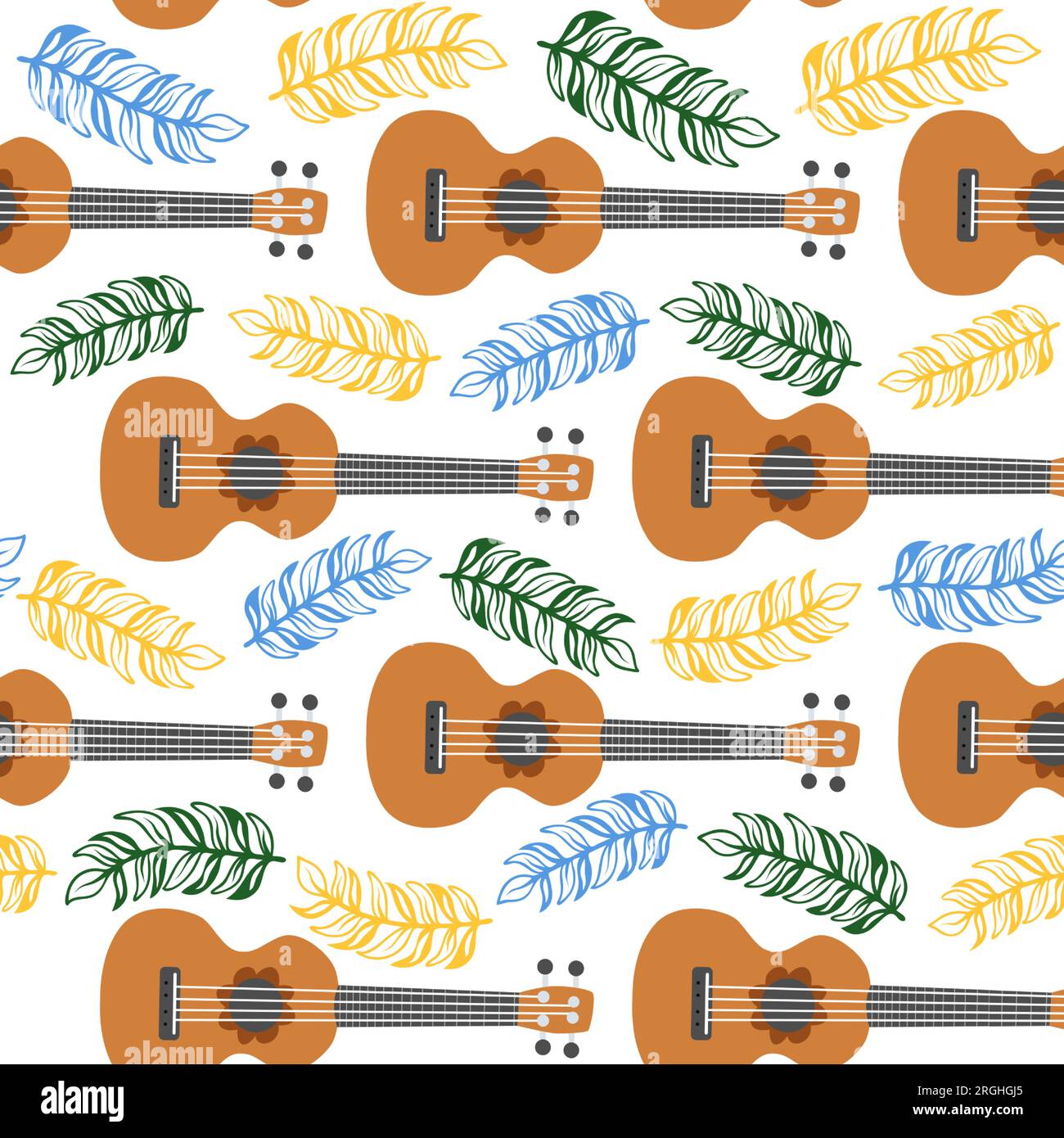 Ukulele seamless pattern, ukulele. Pattern with monstera, leaves, flowers notes inscriptions Stock Vector