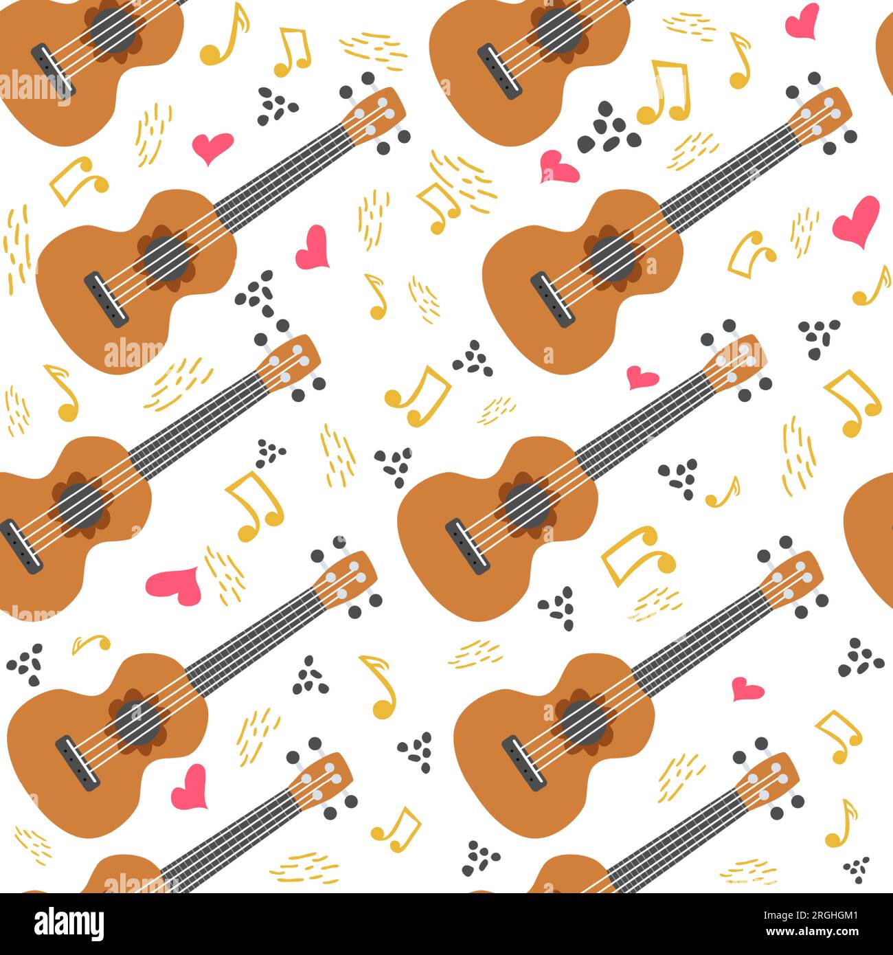 Ukulele seamless pattern, ukulele. Pattern with monstera, leaves, flowers notes inscriptions Stock Vector