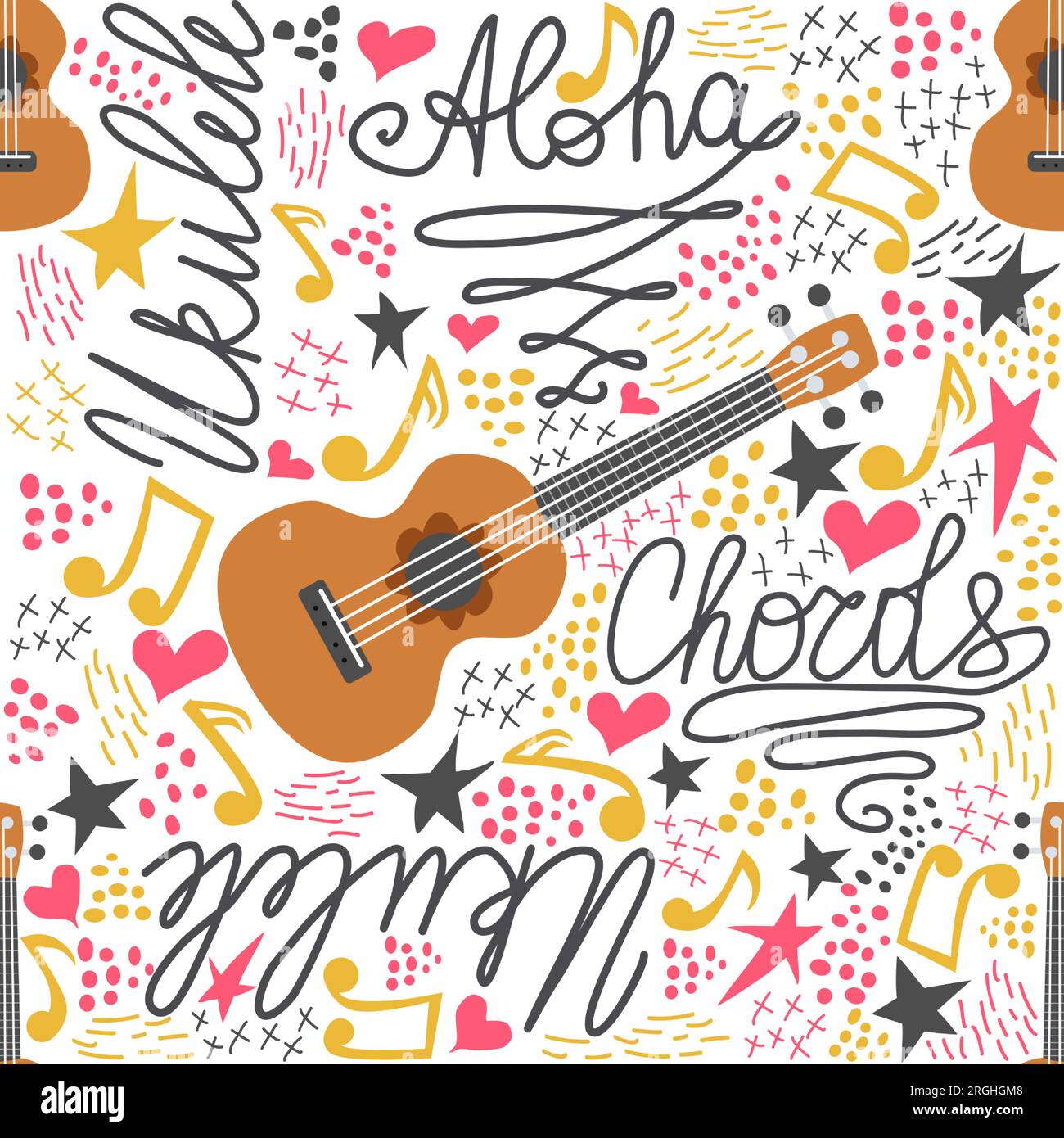 Ukulele seamless pattern, ukulele. Pattern with monstera, leaves, flowers notes inscriptions Stock Vector