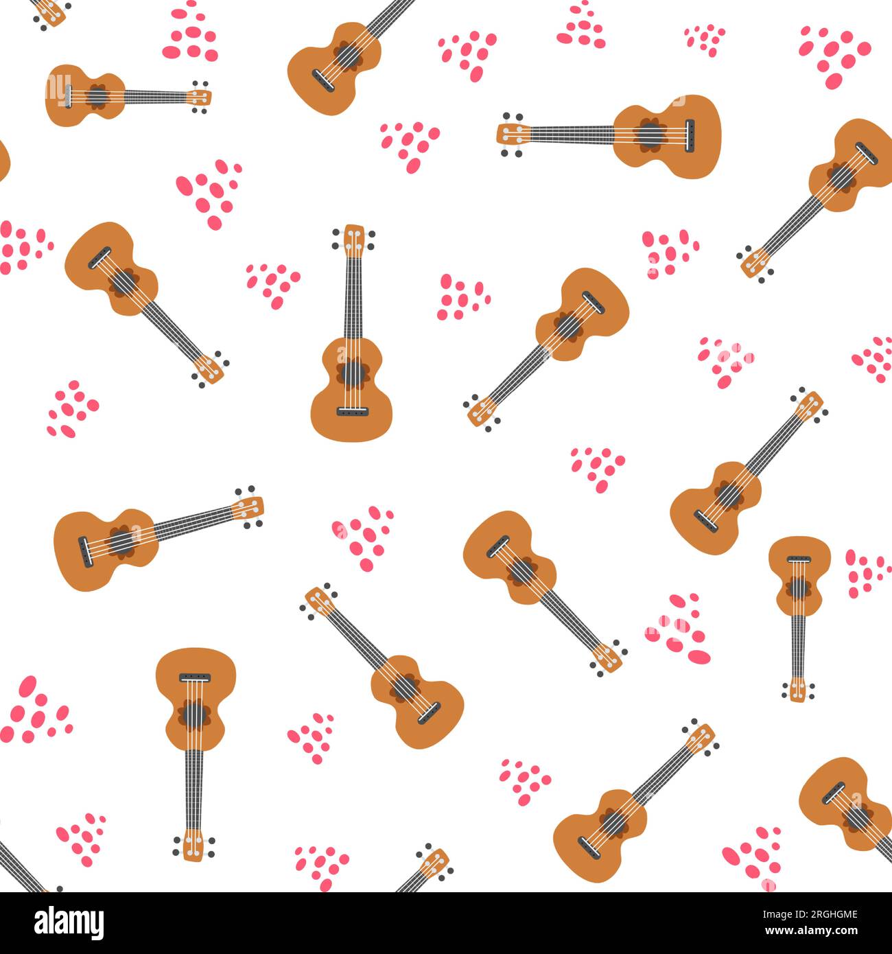 Ukulele seamless pattern, ukulele. Pattern with monstera, leaves, flowers notes inscriptions Stock Vector