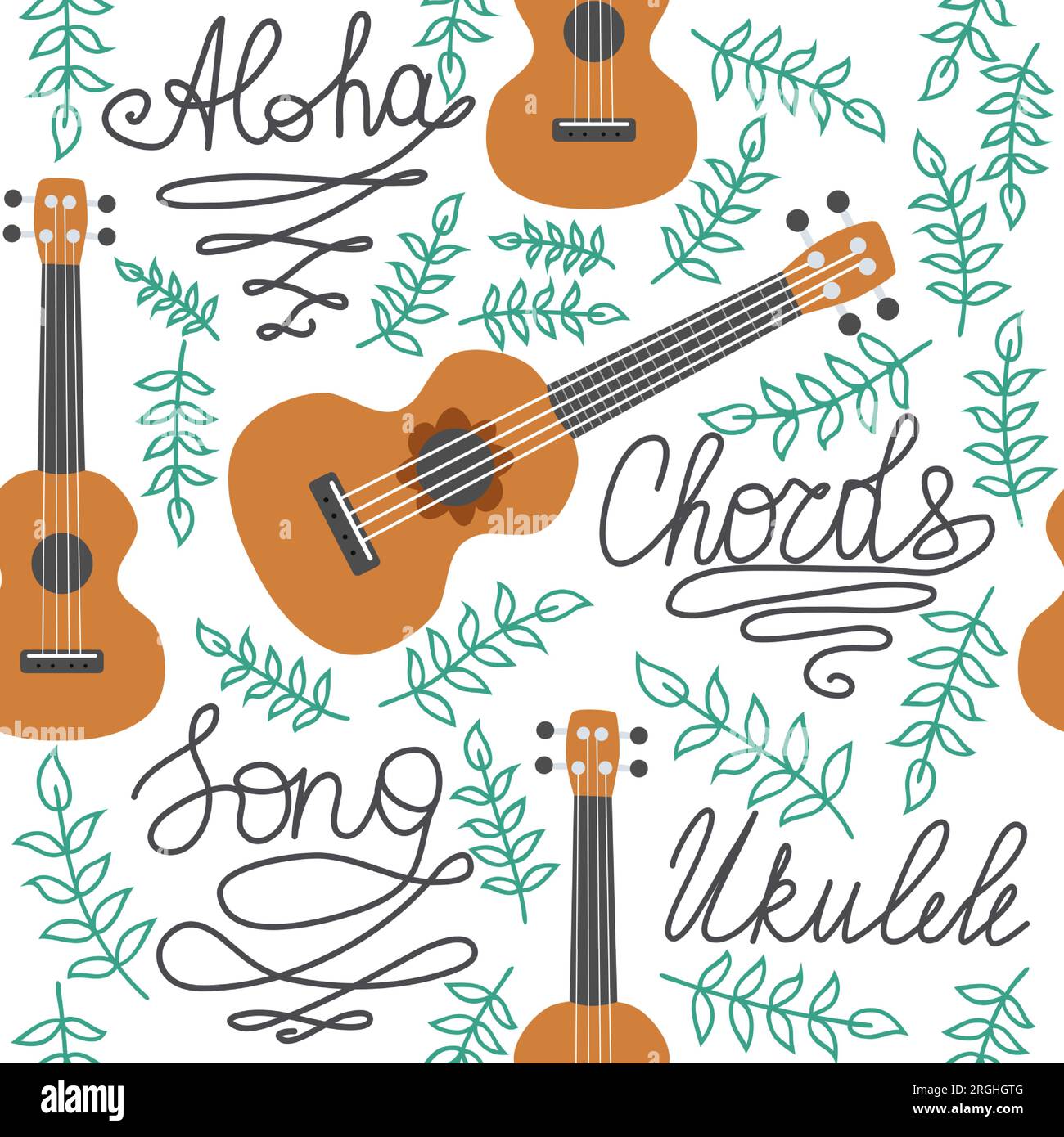 Ukulele seamless pattern, ukulele. Pattern with monstera, leaves, flowers notes inscriptions Stock Vector
