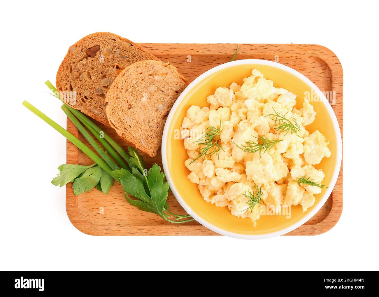 Plate of tasty scrambled eggs on white background Stock Photo - Alamy