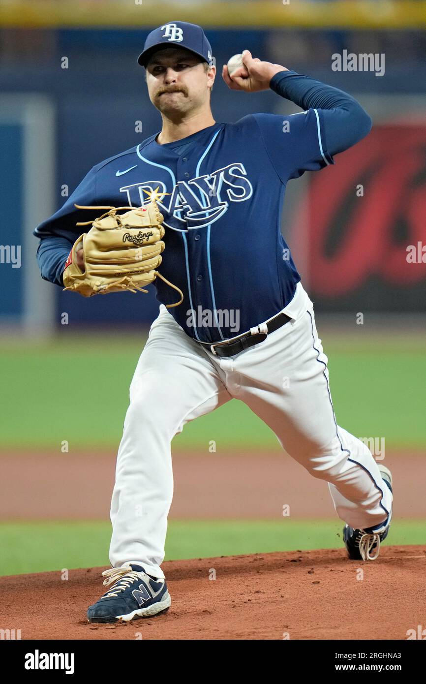 Tampa Bay Rays' Jalen Beeks pitches to the St. Louis Cardinals during the  first inning of a baseball game Wednesday, Aug. 9, 2023, in St. Petersburg,  Fla. (AP Photo/Chris O'Meara Stock Photo 
