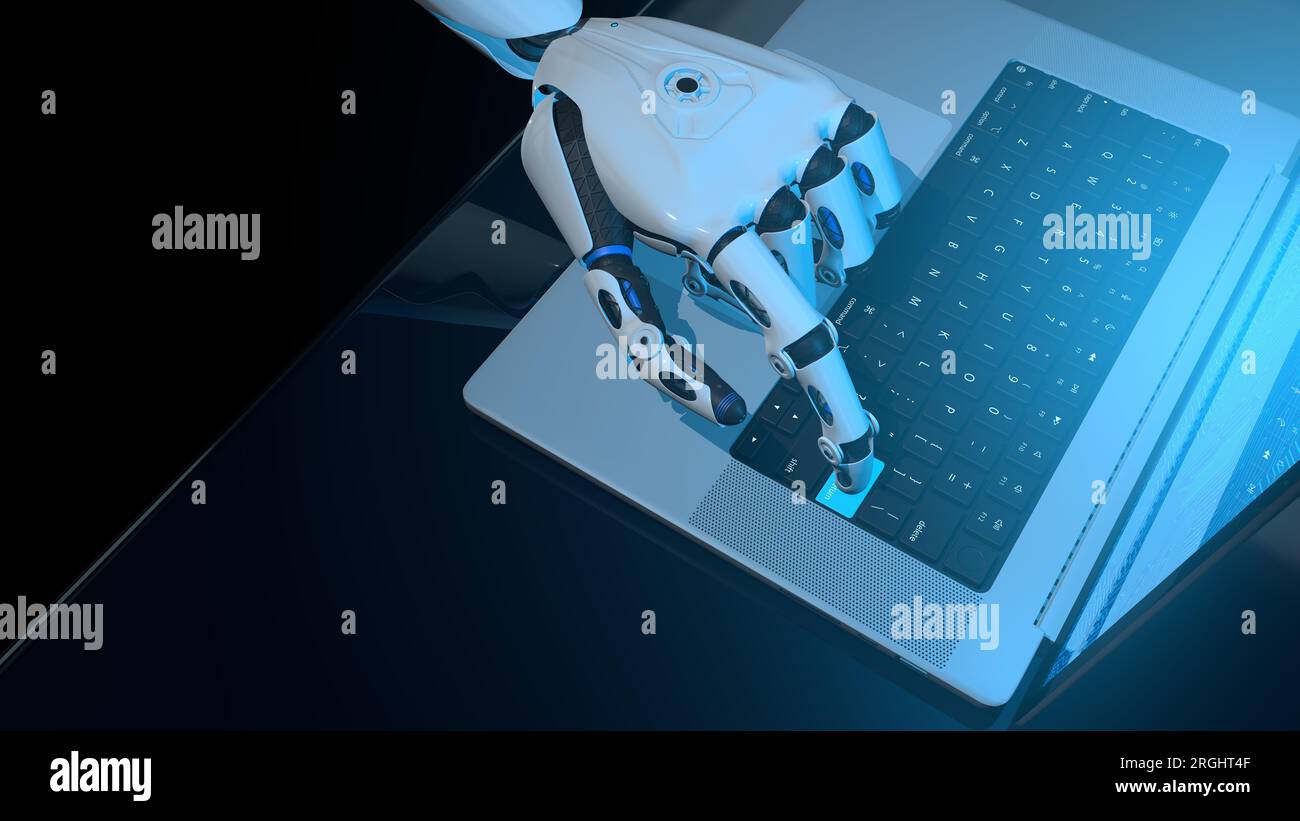 White human shaped robot hand pressing a key of an aluminum laptop with blue screen on reflective blue desk against black background. 3D Illustration Stock Photo