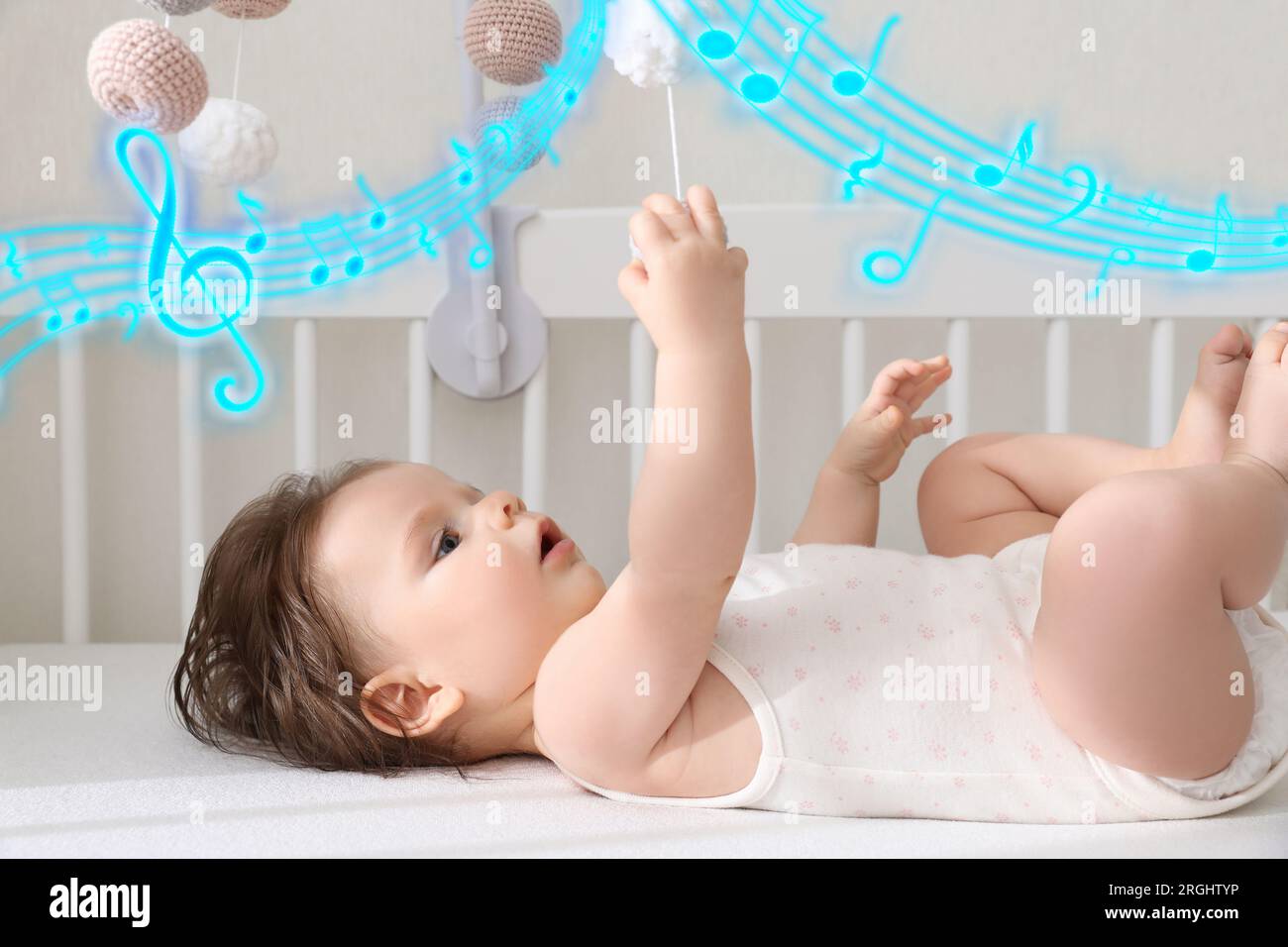 Songs for baby. Cute little child in crib at home. Illustration of