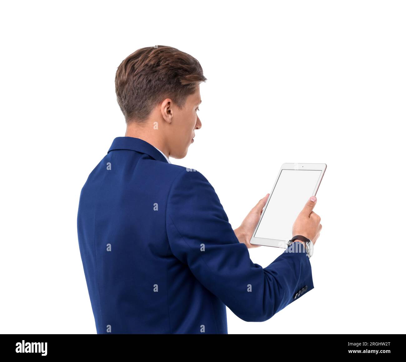 Man holding tablet with blank screen on white background Stock Photo ...