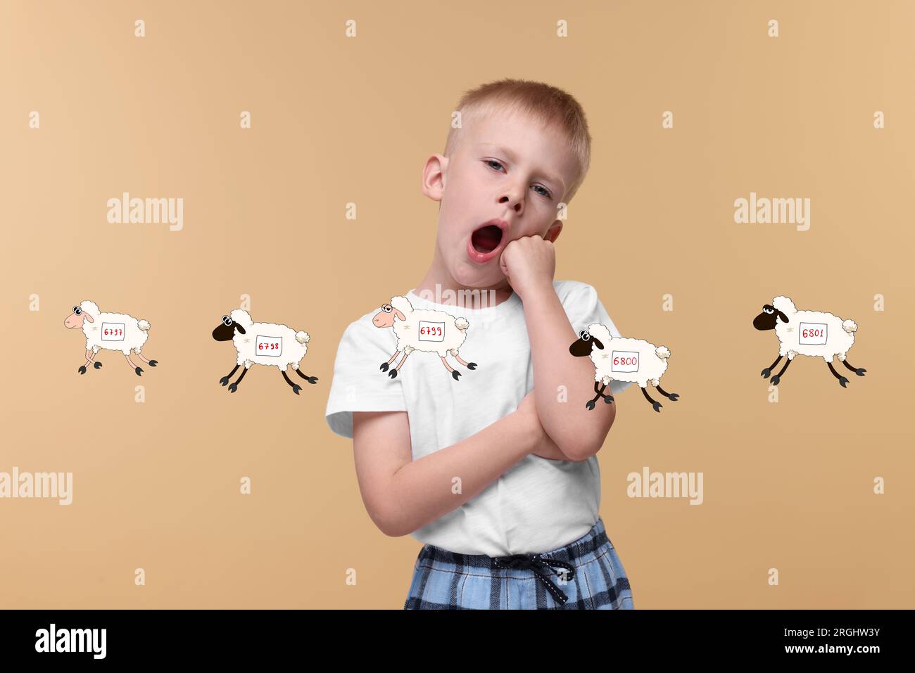 Insomnia problem. Tired boy yawning and counting to fall asleep on