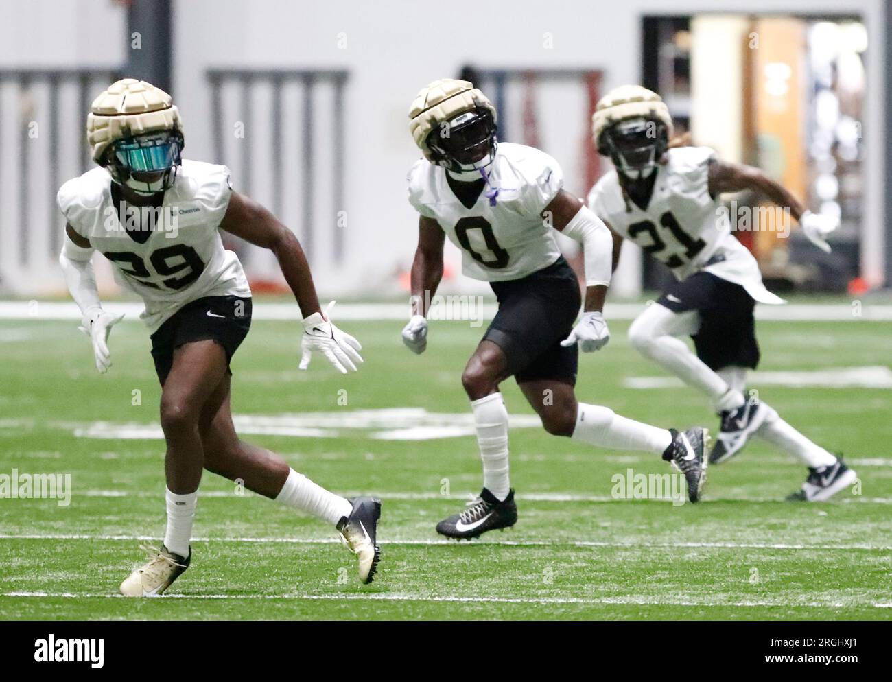 Metairie, USA. 09th Aug, 2023. Defensive backs Paulson Adebo (29), Ugo Amadi (0) and Bradley Roby (21) all participate in a drill during New Orleans Saints training camp at the Ochsner Sports Performance Center Indoor Facility in Metairie, Louisiana on Wednesday, August 9, 2023. (Photo by Peter G. Forest/Sipa USA) Credit: Sipa USA/Alamy Live News Stock Photo