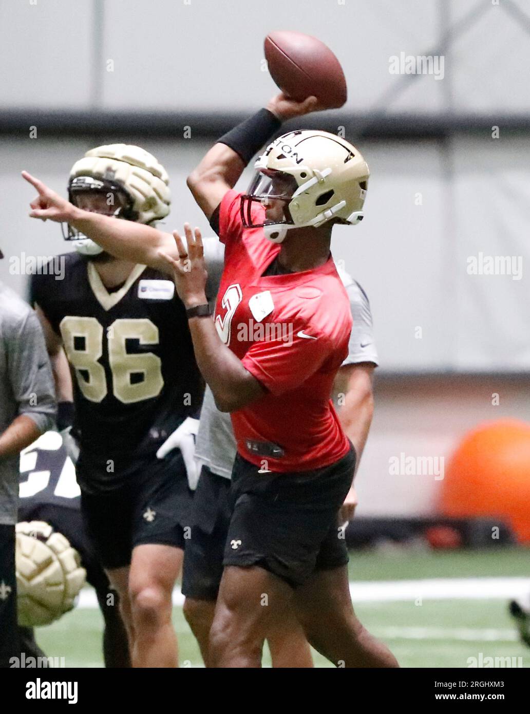 Metairie, USA. 09th Aug, 2023. Quarterback Jameis Winston (2) attempts a pass during New Orleans Saints training camp at the Ochsner Sports Performance Center Indoor Facility in Metairie, Louisiana on Wednesday, August 9, 2023. (Photo by Peter G. Forest/Sipa USA) Credit: Sipa USA/Alamy Live News Stock Photo
