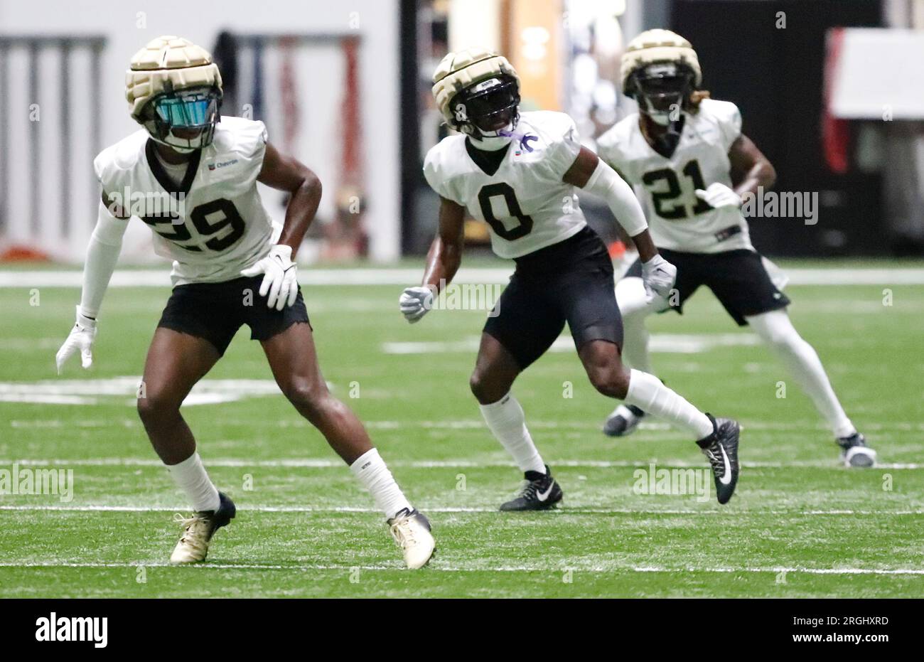 Metairie, USA. 09th Aug, 2023. Defensive backs Paulson Adebo (29), Ugo Amadi (0) and Bradley Roby (21) all participate in a drill during New Orleans Saints training camp at the Ochsner Sports Performance Center Indoor Facility in Metairie, Louisiana on Wednesday, August 9, 2023. (Photo by Peter G. Forest/Sipa USA) Credit: Sipa USA/Alamy Live News Stock Photo