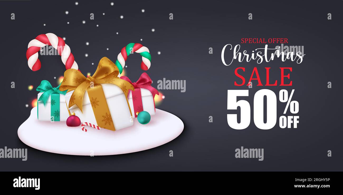 Christmas sale text vector banner design. Christmas special offer sale with 50% discount offer for holiday shopping voucher. Vector illustration xmas Stock Vector
