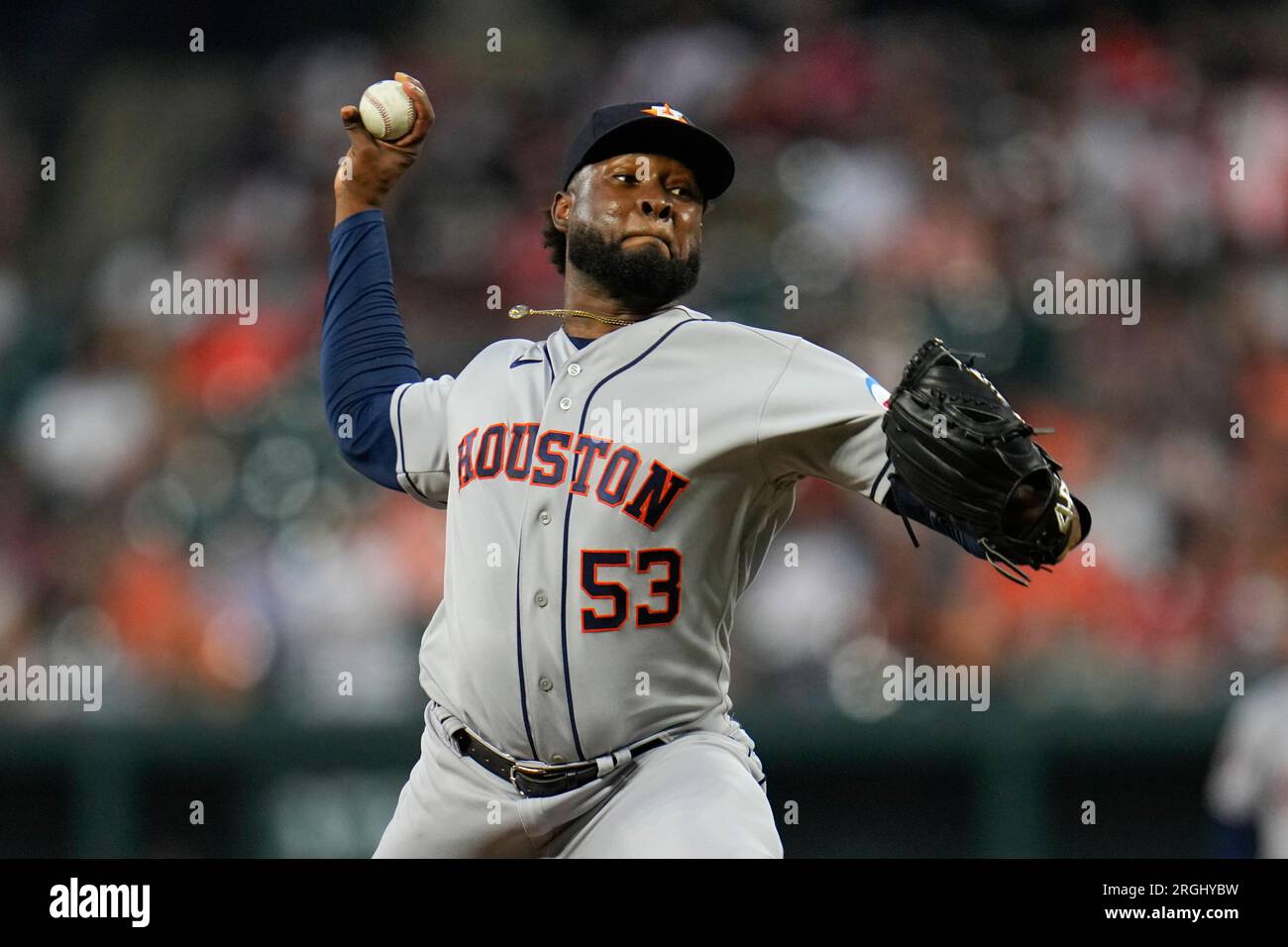 Houston Astros starting pitcher Cristian Javier throws to the Baltimore  Orioles in the second inning of a baseball game, Wednesday, Aug. 9, 2023,  in Baltimore. (AP Photo/Julio Cortez Stock Photo - Alamy