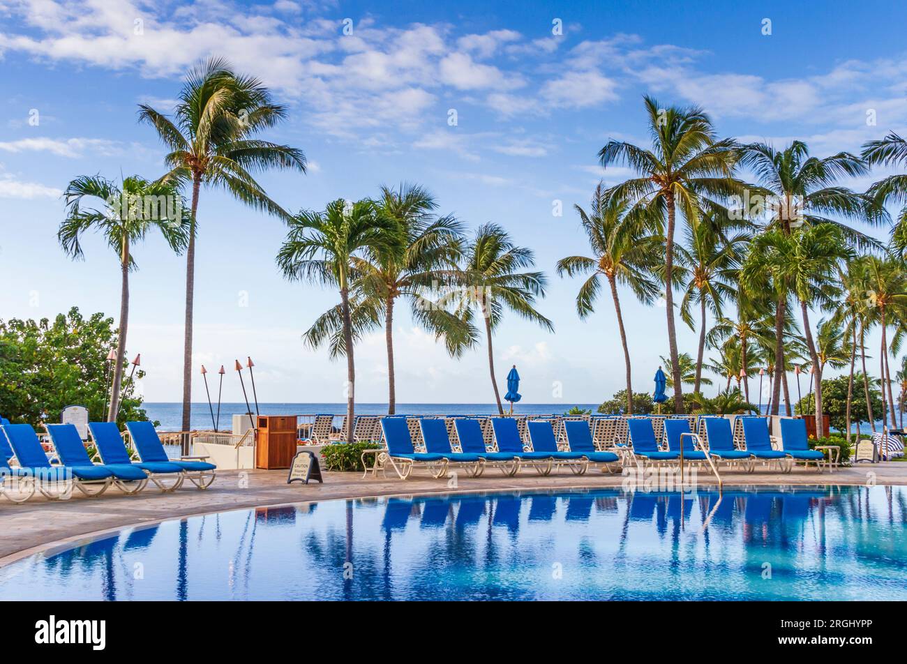 Swimming pool and beach at JW Marrriott hotel and resort on Oahu in Hawaii. Stock Photo