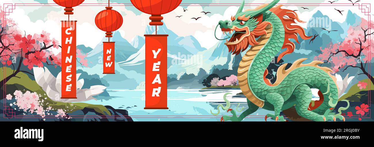 Chinese New Year 2024 banner. China dragon zodiac sign on river