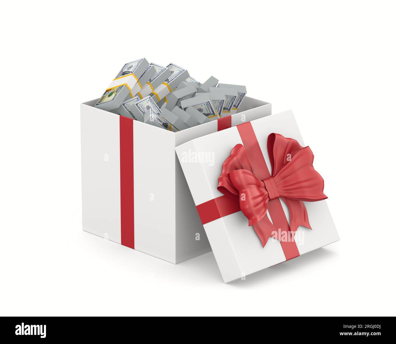 Money into gift box. Isolated on white background 3D illustration Stock Photo