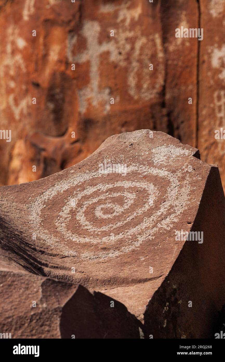 Petroglyphs etched in basalt rock, Nampaweap Canyon, Grand Canyon–Parashant National Monument, Arizona Stock Photo