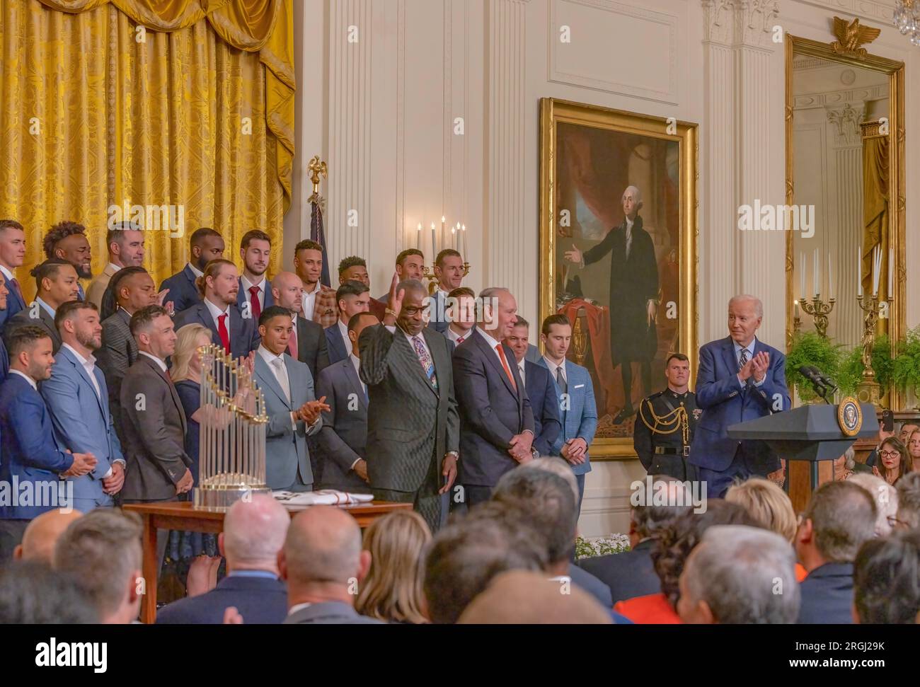WASHINGTON, D.C. — August 7, 2023: President Joe Biden delivers remarks at the White House during an event honoring the 2022 Houston Astros. Stock Photo