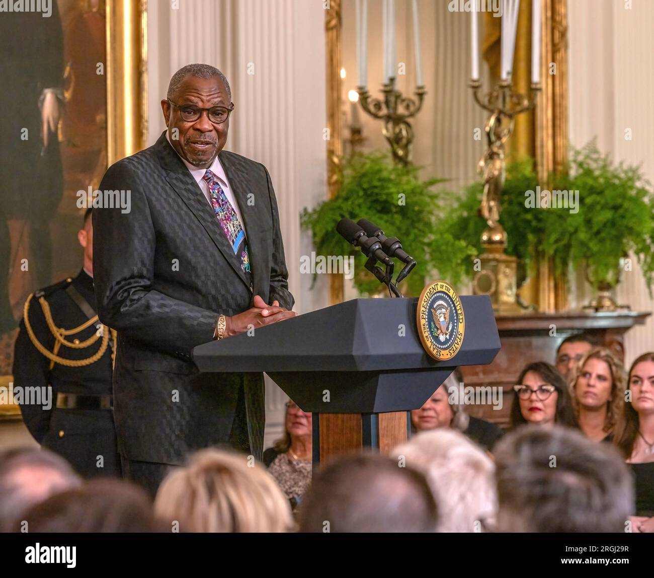 WASHINGTON, D.C. — August 7, 2023: Houston Astros manager Dusty Baker delivers remarks in the East Room of the White House. Stock Photo