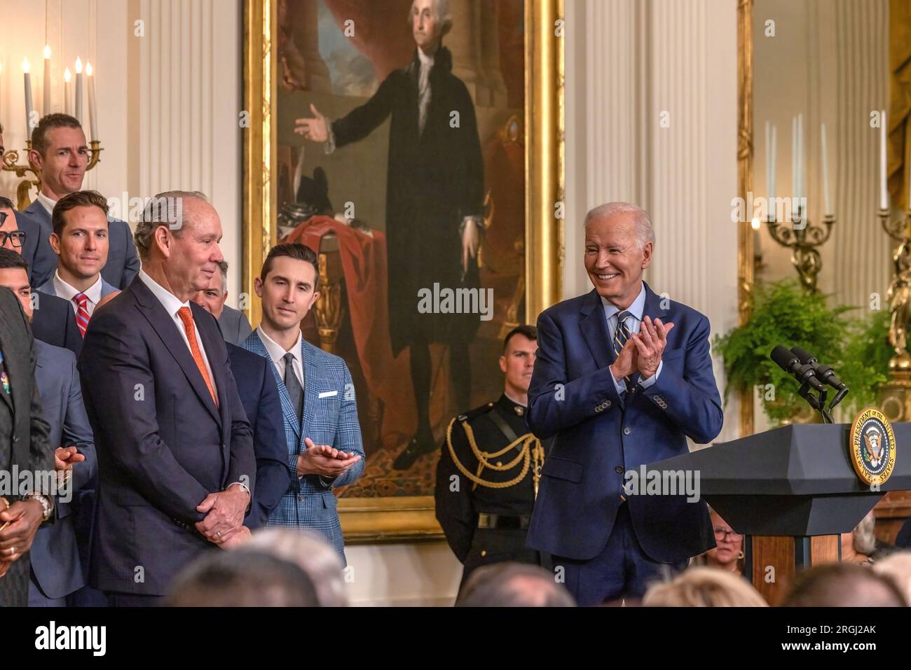 WASHINGTON, D.C. — August 7, 2023: President Joe Biden delivers remarks at the White House during an event honoring the 2022 Houston Astros. Stock Photo