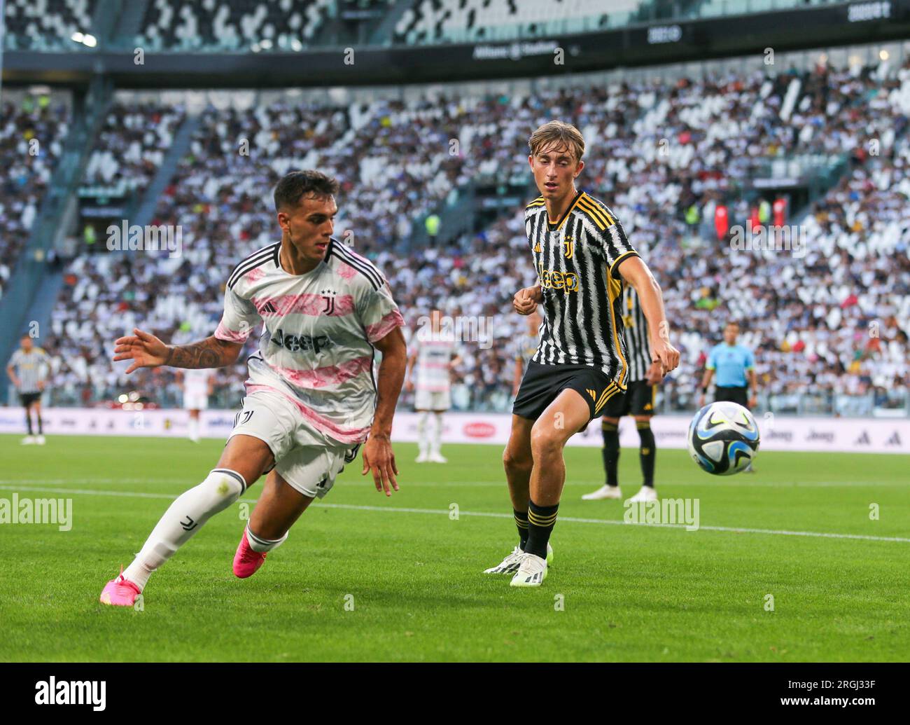 Turin, Italy. 09th Aug, 2023. Dean Huijsen of Juventus and Nicolo Cudrig of  Juventus NextGen U23 during the pre-season test match between Juventus Fc  and Juventus NextGen U23 on 09 August 2023