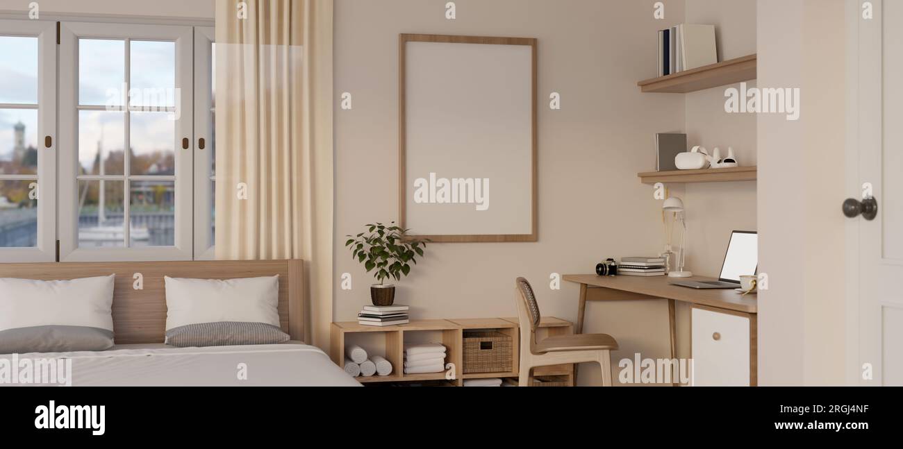 Interior design of a cozy minimalist bedroom with a comfy bed against ...