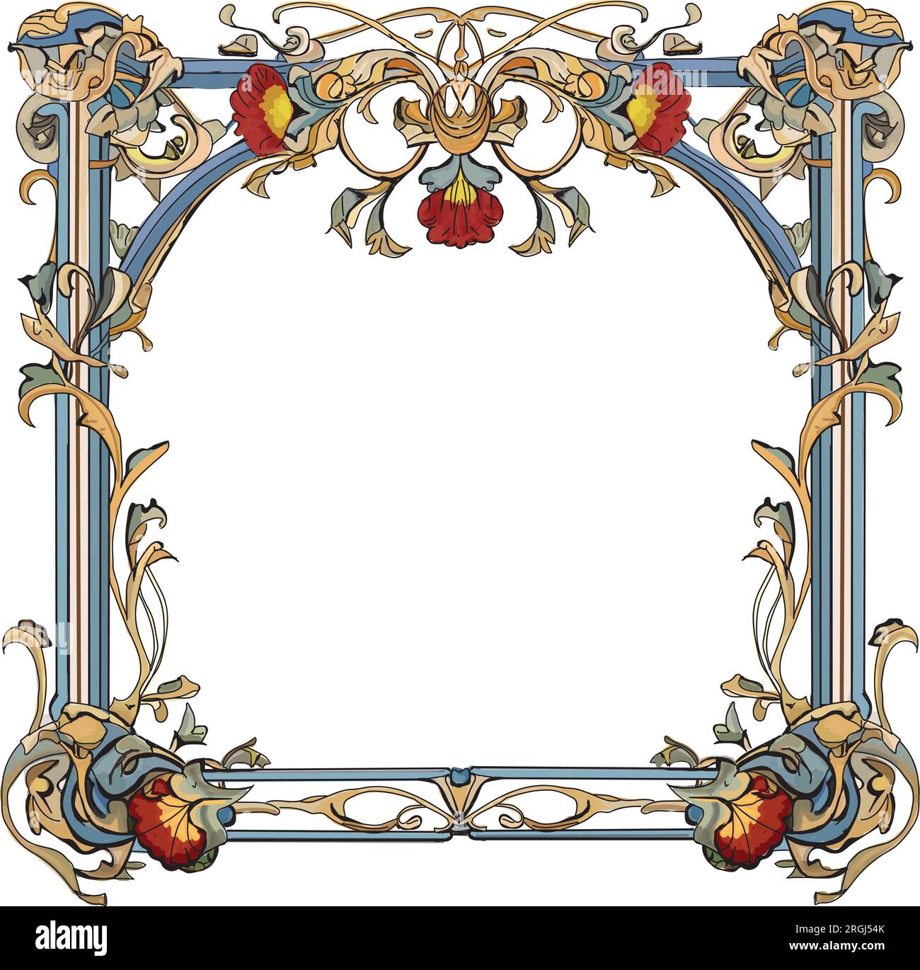 Ornate frame border with red and yellow hibiscus flower detail with leaves Stock Vector