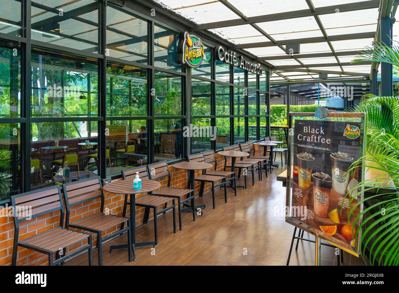 KANCHANABURI, THAILAND-JULY 6,2023 : Beautiful exterior view of Cafe Amazon coffee shop with nature environment at PTT Oil station. Cafe Amazon is a f Stock Photo