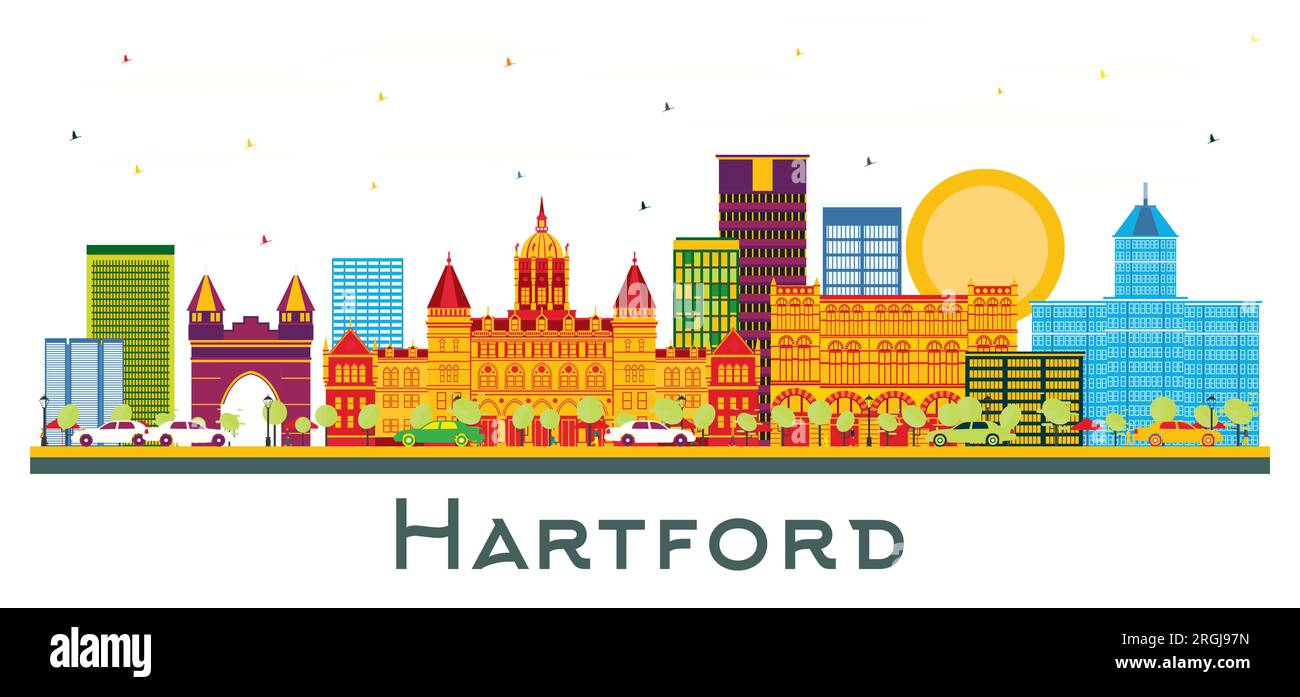 Hartford USA city Skyline with Color Buildings isolated on white