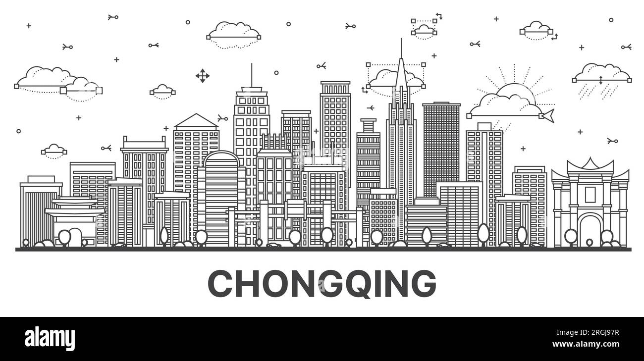 Outline Chongqing China City Skyline with Modern and Historic Buildings Isolated on White. Vector Illustration. Chongqing Cityscape with Landmarks. Stock Vector