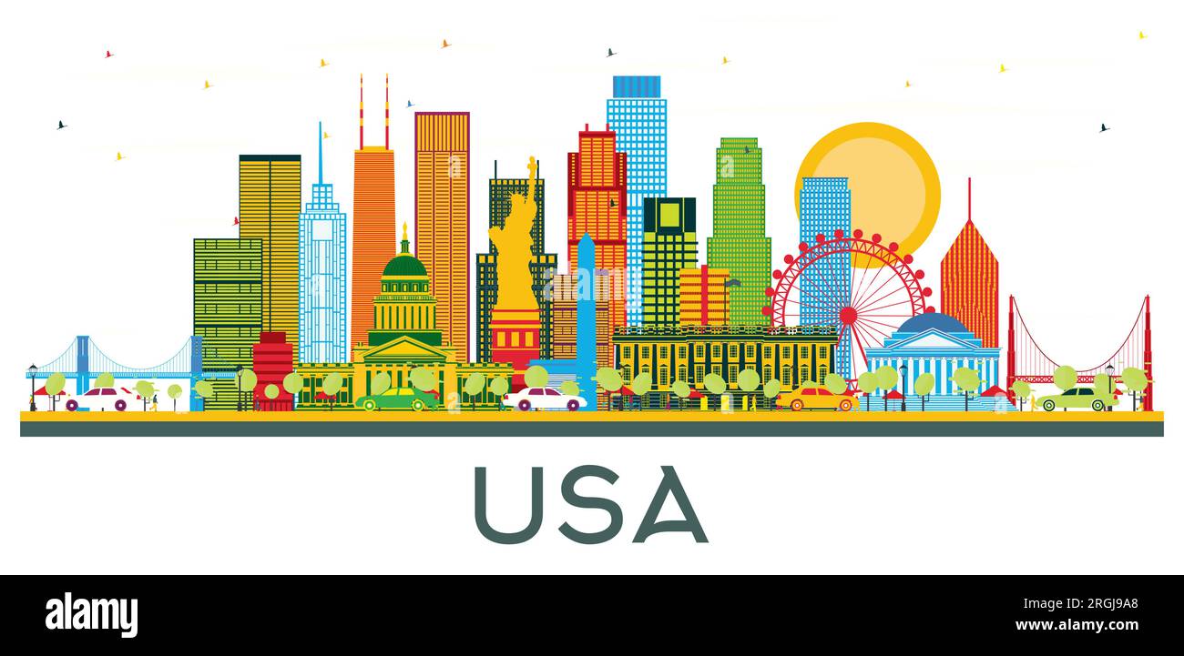 USA Skyline with Color Skyscrapers and Landmarks isolated on white. Vector Illustration. Business Travel and Tourism Concept with Modern Architecture. Stock Vector