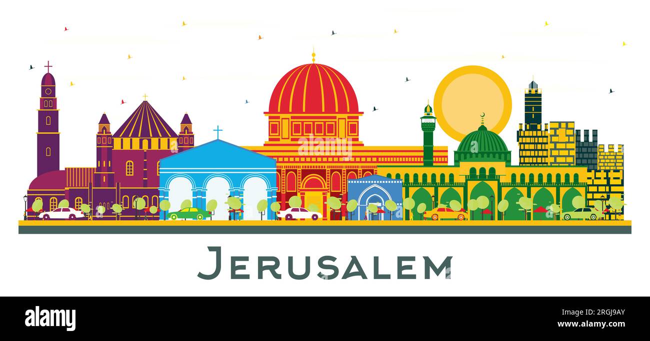 Jerusalem Israel city Skyline with Color Buildings isolated on white