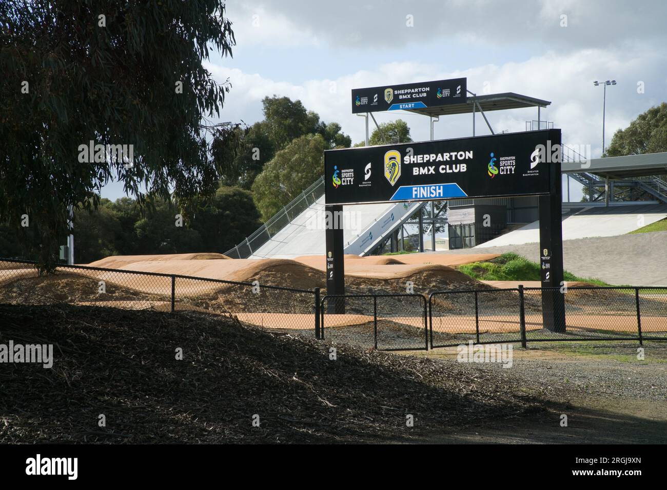 Shepparton Victoria Australia, 10 April 2023, BMX track  Finish and start line captured in one image that was to be the venue for the Commonwealth games. Credit PjHickox/Alamy LIve News Stock Photo